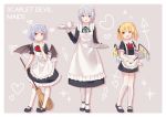  3girls absurdres alternate_costume apron bat_wings black_footwear blonde_hair blue_dress blue_eyes blue_hair bow bowtie broom cake commentary contrapposto cup dress duster english_commentary english_text enmaided eyebrows_visible_through_hair flandre_scarlet food fruit full_body grey_background hand_on_own_chin heart highres holding holding_broom holding_duster holding_tray izayoi_sakuya kneehighs knees_together_feet_apart knife laevatein looking_at_viewer maid maid_apron maid_headdress multiple_girls one_side_up open_mouth pantyhose red_eyes red_neckwear remilia_scarlet short_dress short_hair shortcake slice_of_cake smile standing strawberry teacup teapot thighhighs touhou tray white_legwear wings wrist_cuffs yaruwashi zettai_ryouiki 
