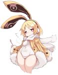  1girl animal_ears black_hairband blonde_hair blush_stickers bunny_earmuffs bunny_ears disgaea fur-trimmed_jacket fur_trim hairband hood hood_down jacket karukan_(monjya) leotard looking_at_viewer makai_senki_disgaea_5 red_eyes short_eyebrows short_hair solo usalia_(disgaea) white_background white_leotard yellow_jacket 