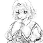  1girl alice_margatroid closed_mouth eyebrows_visible_through_hair frilled_hairband frills greyscale hairband highres looking_at_viewer monochrome necktie puffy_short_sleeves puffy_sleeves rye_(hyn_uka) short_hair short_sleeves simple_background smile solo touhou vest white_background 