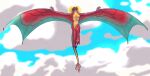 anthro areola blue_eyes breasts claws cloud dragon european_mythology eztli_(user_55) female flying front_view genitals hair hi_res horn kaputotter looking_up membrane_(anatomy) mythological_creature mythological_scalie mythology nipples nude red_body scalie sky skyscape solo spread_wings stripes tail vulva western_dragon wings wyvern