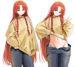  1girl alternate_costume black_pants blue_eyes blush braid closed_mouth clothes_lift contemporary denim grin groin hand_in_pocket highres hong_meiling jeans lifting_own_clothes long_hair looking_at_viewer missing_headwear multiple_views navel pants red_hair revision sarukana simple_background smile sweater sweater_lift touhou twin_braids very_long_hair w white_background yellow_sweater 