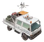  cable commentary_request kei_truck motor_vehicle no_humans original pickup_truck quadcopter rotating_light simple_background speaker tanto_(tc1995) truck vehicle_focus 