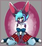  angelface anthro big_breasts big_ears bottomwear breasts cleavage clothed clothing collar female hair hi_res jewelry lagomorph leporid looking_at_viewer mammal multicolored_hair necklace rabbit skirt solo thick_thighs torn_clothing 