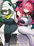  2girls arknights arknights:_endfield ass black_bodysuit blue_eyes bodysuit breasts commentary distr dragon_horns dragon_tail english_commentary fluorite_(arknights) green_eyes green_hair grey_hoodie grey_pants highres hood hoodie horns large_breasts lizard_tail long_hair looking_at_viewer multiple_girls pants pink_hair ponytail reflection sitting smile tail w yvonne_(arknights) 
