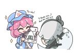 2girls ^_^ black_hairband blue_hat blue_kimono cherry_blossom_print chibi closed_eyes commentary english_commentary english_text floral_print food frilled_kimono frills ghost ghost_print hairband hat highres japanese_clothes kimono konpaku_youmu konpaku_youmu_(ghost) mob_cap multiple_girls onigiri painting_(object) pink_hair saigyouji_yuyuko short_hair simple_background star_(symbol) sweat sword touhou triangular_headpiece weapon white_background yoriyori 