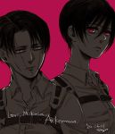  1boy 1girl bandaid bandaid_on_face black_hair breasts ebgr expressionless facial_scar half-closed_eyes height_difference levi_(shingeki_no_kyojin) limited_palette looking_at_viewer mikasa_ackerman monochrome older pink_background pink_eyes purple_background purple_eyes scar scar_across_eye scar_on_cheek shingeki_no_kyojin short_hair simple_background spoilers suspenders timeskip undercut 