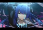  1girl aqua_eyes arknights arm_up black_coat blood blood_on_face blue_blood blue_hair closed_mouth coat cuts demon_horns eyebrows_visible_through_hair fur-trimmed_coat fur_trim halo highres horns injury kagura_tohru letterboxed light_smile long_hair looking_at_viewer magic mostima_(arknights) portrait roman_numerals smile solo yellow_pupils 
