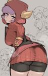  1girl ass ass_focus blush breasts commentary_request courtney_(pokemon) doodle_inset double_v fake_horns grey_background highres hizake_mozu hood horned_headwear horned_hood horns long_sleeves poke_ball pokemon pokemon_oras purple_eyes purple_hair ribbed_sweater short_hair sketch solo steam sweat sweater team_magma team_magma_uniform throwing throwing_poke_ball v 