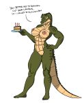  2020 5_fingers 5_toes anthro birthday_cake black_eyes breasts cake candle connivingrat crocodile crocodilian crocodylid dialogue english_text female fingers food front_view genitals green_body green_scales hand_on_hip hi_res holding_object looking_at_viewer muscular muscular_female nipples non-mammal_breasts nude pussy reptile scales scalie simple_background solo standing text toes white_background 