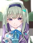  1girl black_hairband blue_ribbon bottle breasts closed_mouth commentary day e69465 eyelashes glint green_hair hair_intakes hairband hand_up heaven_burns_red holding holding_bottle incoming_drink jacket large_breasts long_hair long_sleeves looking_at_viewer mole mole_under_mouth murofushi_risa neck_ribbon open_clothes open_jacket outdoors purple_eyes purple_jacket ribbon sidelocks smile solo split_mouth swept_bangs tsurime twintails upper_body very_long_hair water_bottle 