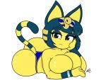  4:3 animal_crossing ankha_(animal_crossing) anthro big_breasts big_butt blue_hair breasts butt digital_media_(artwork) domestic_cat egyptian felid feline felis female fur hair hi_res huge_butt humanoid looking_at_viewer mammal nintendo nr_ac nude simple_background solo thick_thighs video_games yellow_body yellow_fur 