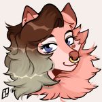  &lt;3 1:1 anthro blue_eyes blush brown_body brown_fur brown_hair brown_nose canid canine canis charlotte_genevieve domestic_dog dyed-hair ears_up eyebrows facial_piercing female fluffy fur grey_hair hair harald_horfager headshot_portrait hi_res looking_at_viewer mammal neck_tuft nordic_sled_dog nose_piercing nose_ring piercing pink_body pink_fur portrait raised_eyebrow samoyed signature simple_background smile solo spitz tuft wavy_hair 