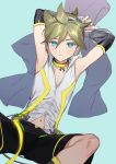  1boy bass_clef blonde_hair blue_eyes collar detached_sleeves headphones kagamine_len leg_warmers looking_at_viewer naoko_(naonocoto) navel shorts solo vocaloid 