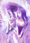  2girls alternate_costume bare_shoulders blue_sky blunt_bangs blurry blurry_background braid breasts cleavage closed_mouth cloud cloudy_sky collarbone commentary depth_of_field dress english_commentary flower from_side full_body genshin_impact hair_ornament head_tilt highres holding holding_umbrella large_breasts light_blush looking_to_the_side makoto_(genshin_impact) multiple_girls naemi_fay oil-paper_umbrella outdoors pink_lips purple_dress purple_eyes purple_hair raiden_shogun shade siblings single_braid sisters sitting sky standing thighs toes twins umbrella wisteria 