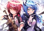  2girls :p absurdres arknights assault_rifle bangs belt black_belt black_gloves black_jacket black_shirt blue_eyes blue_hair blue_tongue blush breasts brown_eyes clothes_writing commentary_request exusiai_(arknights) eyebrows_visible_through_hair eyes_visible_through_hair gloves gun h&amp;k_hk416 hair_intakes hair_over_one_eye halo hand_up heart highres holding holding_gun holding_weapon horns jacket long_hair long_sleeves looking_at_viewer medium_breasts mostima_(arknights) multiple_girls nenobi_(nenorium) open_clothes open_jacket raglan_sleeves red_hair rifle shirt short_hair smile tongue tongue_out weapon white_gloves white_jacket white_shirt 