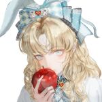  1girl ace_(playing_card) ace_of_diamonds ace_of_spades animal_ear_hairband animal_ears apple argyle_bow argyle_bowtie argyle_clothes blonde_hair blue_bow blue_bowtie blue_eyes blue_hairband bow bowtie buttons card chinese_commentary closed_mouth collared_shirt commentary_request diamond_(shape) expressionless eyelashes eyes_visible_through_hair fake_animal_ears floppy_ears food fruit hair_bow hair_half_over_shoulder hair_ornament hairband heart heart_hair_ornament highres holding holding_food holding_fruit infinity_nikki lace-trimmed_bow lace-trimmed_shirt lace_trim large_bow light_blush lipstick lolita_fashion long_hair looking_at_viewer makeup meitiandouhaoe71949 nikki_(series) parted_bangs pink_lips playing_card puffy_short_sleeves puffy_sleeves rabbit_ear_hairband rabbit_ears rewound_daydream_(infinity_nikki) shirt short_sleeves simple_background solo spade_(shape) upper_body wavy_hair white_background white_shirt 