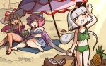  3girls beach bikini black_hairband blue_bikini coconut commentary_request flower food fruit green_eyes grey_hair hair_flower hair_ornament hairband hand_fan hat highres holding holding_fan holding_sword holding_weapon konpaku_youmu konpaku_youmu_(ghost) looking_at_another mole mole_under_eye multiple_girls navel one-piece_swimsuit outdoors parasol pineapple purple_one-piece_swimsuit red_eyes saigyouji_yuyuko sarong sh1tty2 short_hair spanish_commentary swimsuit sword touhou umbrella weapon white_hat yakumo_yukari 