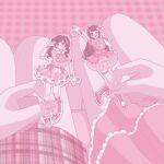  2girls ;d acrylic_stand_(object) blunt_bangs blurry blurry_background blush boots bow bowtie brown_hair checkered_bow checkered_bowtie checkered_clothes checkered_skirt closed_mouth commentary dress english_commentary fingernails frilled_dress frilled_wrist_cuffs frills hair_ribbon hand_up hands_up leg_warmers long_hair looking_at_viewer multiple_girls nekomaru0817 one_eye_closed open_mouth original pastel_colors pink_boots pink_bow pink_bowtie pink_dress pink_eyes pink_headdress pink_leg_warmers pink_shoes pink_theme pink_wrist_cuffs ribbon shoes short_sleeves skirt smile teeth thigh_strap twintails wrist_cuffs 