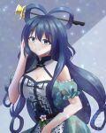  1girl alternate_hair_length alternate_hairstyle apron bare_shoulders blue_eyes blue_hair breasts chisel cleavage closed_mouth commentary_request grey_background hair_ornament hair_rings hair_stick highres kaku_seiga long_hair looking_at_viewer nanamiko74 smile solo touhou touhou_lostword 