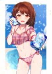  1girl bangs beach bikini blurry blurry_background blush bracelet brown_eyes brown_hair can commentary cowboy_shot depth_of_field droplet groin half-closed_eyes highres holding holding_can jewelry looking_at_viewer navel offering outside_border pink_bikini plaid plaid_bikini pokemon pokemon_(game) pokemon_swsh senta_(ysk_0218) short_sleeves side-tie_bikini soda_can solo standing swimsuit wet wristband yuuri_(pokemon) 