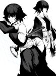  1girl absurdres arched_back backless_outfit bare_shoulders black_hair black_hakama black_kimono bleach blunt_bangs breasts clothing_cutout crossed_arms hakama highres hip_vent japanese_clothes jesse_schickler katana kimono monochrome sheath sheathed shinigami short_hair_with_long_locks sideboob sideless_kimono sideless_outfit simple_background small_breasts solo standing sui-feng sword weapon white_background 