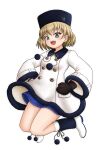  1girl absurdres amanone_yun black_boots black_hat black_mittens blonde_hair blue_dress blue_eyes bob_cut boots coat coat_dress commentary dress emblem floating full_body girls_und_panzer hands_on_own_hips hat highres katyusha_(girls_und_panzer) legs_up long_sleeves looking_at_viewer mittens multicolored_boots open_mouth pravda_(emblem) short_hair simple_background smile solo two-tone_boots ushanka white_background white_boots white_coat 