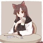  1girl animal_ear_fluff animal_ears black_scarf border brown_hair closed_mouth cup dress grey_background holding holding_cup imaizumi_kagerou long_sleeves looking_at_viewer poronegi red_eyes scarf simple_background sitting smile solo table tail touhou white_border white_dress wide_sleeves wolf_ears wolf_tail 