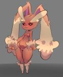  2018 anthro baebot black_sclera blush breasts brown_body brown_fur crotch_tuft digital_media_(artwork) female front_view full-length_portrait fur genitals grey_background hi_res lagomorph licking licking_lips looking_at_viewer lopunny mammal nintendo nipples nude pok&eacute;mon pok&eacute;mon_(species) portrait pussy short_stack simple_background solo standing thick_thighs tongue tongue_out tuft video_games 