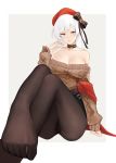  1girl absurdres ass azur_lane bare_shoulders belfast_(azur_lane) belfast_(shopping_with_the_head_maid)_(azur_lane) belt beret black_choker black_legwear black_skirt breasts choker cl_(summer_sama) cleavage collarbone crossed_legs dress feet hair_ribbon hand_on_lap hat highres jewelry large_breasts legs lips long_hair looking_at_viewer necklace pantyhose purple_eyes ribbon scarf silver_hair sitting sitting_on_lap sitting_on_person skirt smile solo star_(symbol) star_necklace sweater sweater_dress thighs white_background white_hair 