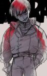  1boy akira_(manga) collared_jacket commentary_request copyright_name cowboy_shot gloves hand_in_pocket head_tilt highres jacket jacket_tucked_in kaneda_shoutarou_(akira) long_sleeves looking_at_viewer male_focus pants red_eyes sameyama_jiro shirt short_hair sketch solo standing white_background 
