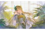  1girl arknights black_collar brown_eyes brown_hair cha_chya coat collar commentary double-parted_bangs english_commentary flower hair_between_eyes hand_up holding holding_plant id_card lab_coat laurel_crown leaf letterboxed long_hair long_sleeves looking_at_viewer mole mole_under_eye muelsyse_(arknights) parted_lips plant pointy_ears potted_plant red_flower smile solo white_coat window 