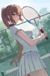  1girl :o absurdres armband blue_eyes blush brown_hair commentary_request fence guree_(haiiro) hair_between_eyes highres holding holding_tennis_racket long_hair looking_at_viewer open_mouth original outdoors pleated_skirt ponytail racket shirt short_sleeves sidelocks skirt sky solo sportswear sweat tennis tennis_net tennis_racket tennis_uniform tree white_armband white_shirt white_skirt 