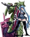  1girl blue_hair flag gun gundam hatsune_miku holding holding_flag holding_gun holding_weapon looking_to_the_side mecha mobile_suit_gundam one-eyed red_eyes smile thighhighs twintails vocaloid weapon yuya zaku_ii zaku_ii_s_char_custom zeon 