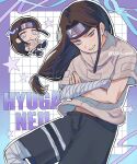  1boy bandaged_arm bandaged_hand bandaged_leg bandages black_headband black_shorts border brown_hair character_name chibi chibi_inset commentary cowboy_shot crossed_arms furrowed_brow grey_eyes grey_shirt grid_background headband highres hyuuga_neji konohagakure_symbol light_smile long_hair low-tied_long_hair male_focus midriff_peek naruto_(classic) naruto_(series) parted_bangs parted_lips purple_border shirt shorts solo twitter_username untranslatable_commentary vad_end 