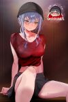  absurdres bang_dream! bang_dream!_it's_mygo!!!!! black_hat black_shorts blue_hair blush breasts closed_mouth commentary_request hat highres large_breasts long_hair midriff navel peke_(pekeiscat) red_shirt sauna shirt short_sleeves shorts sidelocks sitting sweat sweatdrop togawa_sakiko two_side_up yellow_eyes 