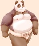  2020 anthro belly black_body black_fur blush clothed clothing fur giant_panda kemono male mammal meg_hoi moobs nipples open_shirt overweight overweight_male shirt simple_background solo sumo topwear ursid white_body white_fur 