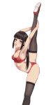  1girl arched_back armpits arms_up ass bangs bare_arms bare_shoulders black_legwear blunt_bangs blush breasts brown_eyes brown_hair candy chinese_commentary cleavage commentary exercise eyebrows_visible_through_hair flexible food food_in_mouth leg_up lollipop long_hair low_twintails mool_yueguang mouth_hold open_mouth original red_footwear sidelocks small_breasts solo split sports_bra standing standing_on_one_leg standing_split twintails 