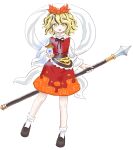  1girl animal_print bishamonten's_pagoda bishamonten's_spear black_hair black_ribbon blonde_hair commentary_request full_body holding holding_polearm holding_weapon long_sleeves looking_at_viewer medium_hair multicolored_hair neck_ribbon open_mouth polearm ribbon s-a-murai scarf shawl simple_background smile solo spear tiger_print toramaru_shou touhou two-tone_hair weapon white_background white_scarf wide_sleeves yellow_eyes 