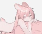  1girl absurdres animal_ear_fluff animal_ears back bare_arms bare_shoulders chinese_commentary closed_mouth commentary_request hair_between_eyes hair_intakes hair_spread_out head_rest highres long_hair looking_at_viewer lying nude on_stomach original pillow pink_eyes pink_hair pink_pillow pink_tail rabbit_ears rabbit_girl rabbit_tail sidelocks simple_background solo spine tail tete0327 twintails 