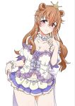  1girl bare_shoulders blush breasts brown_hair camisole cleavage closed_mouth collarbone commentary_request cowboy_shot crown flower frilled_skirt frills gold_crown hair_flower hair_horns hair_ornament highres holding_own_skirt konoe_kanata large_breasts long_hair looking_at_viewer love_live! love_live!_nijigasaki_high_school_idol_club mini_crown miniskirt navel nemureru_mori_ni_ikitai_na_(love_live!) pink_flower poizun_(user_wmgk4287) purple_eyes simple_background skirt smile solo split_mouth white_background white_camisole white_skirt yellow_flower 