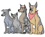 ambiguous_gender brain_dome brown_body brown_fur canid canine canis cyberdog_(fallout) cybernetic_limb cybernetics dogmeat domestic_dog ears_up english_description fallout feral fur grey_body grey_fur group heterochromia kerchief looking_ahead looking_at_viewer machine male_(lore) mammal microsoft neckerchief neckwear new_vegas paws red_kerchief red_neckerchief rex_(fallout) simple_background sitting snout tongue tongue_out troutdraw white_background