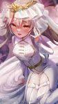  1girl :d \||/ arm_at_side belt blush bouquet bridal_veil bride brown_hair button_eyes buttons charlotta_skopovskaya charlotta_skopovskaya_(innocent_nevesta) copyright_name copyright_notice diamond-shaped_pupils diamond_(shape) dress dutch_angle eyelashes feet_out_of_frame floating_hair flower furrowed_brow glint gold_belt gold_tiara hair_behind_ear hair_between_eyes hand_up heaven_burns_red high_heels highres indoors jewelry long_dress long_hair looking_at_viewer official_alternate_costume official_art official_wallpaper open_mouth red_flower red_rose ring rose sidelocks sitting sleeves_past_wrists smile solo sparkle symbol-shaped_pupils teeth upper_teeth_only veil very_long_hair wariza wedding_dress wedding_ring white_dress white_veil wide_sleeves 