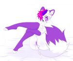 4_toes andromorph anthro anus black_nose blue_hair blush blush_lines bodily_fluids body_blush butt_blush canid canine cheek_tuft clitoris colored digital_drawing_(artwork) digital_media_(artwork) dipstick_tail facial_tuft feet fox fur genital_fluids genitals hair hi_res intersex licking licking_lips mammal markings multicolored_hair nollya one_eye_closed pink_hair purple_anus purple_blush purple_eyes purple_markings purple_tongue shaded short_hair simple_background sitting snout solo tail tail_markings toes tongue tongue_out tuft two_tone_hair vaginal_fluids vulva white_body white_fur
