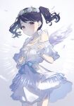  absurdres angel_wings black_hair blue_ribbon commentary dress erumu_(elm_green411) feathers floating_hair flower flower_wreath frilled_dress frilled_wrist_cuffs frills fukumaru_koito head_wreath highres idolmaster idolmaster_shiny_colors lens_flare light_blush purple_eyes ribbon rose smile twintails untranslatable_commentary waist_ribbon wavy_hair white_background white_dress white_flower white_rose wings wrist_cuffs 