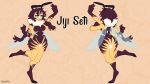  16:9 4_arms absurd_res ailaanne antennae_(anatomy) anthro arthropod bee blue_eyes female hi_res honey_bee hymenopteran insect jiji_seti model_sheet multi_arm multi_limb neck_tuft nude smile solo stripes tuft widescreen wings 
