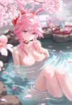  1girl absurdres animal_ear_fluff armpit_crease bathing breasts cherry_blossoms choker collarbone commentary cup dango evanescia_(honkai:_star_rail) flower food fox_girl gm_bluein hair_between_eyes hair_flower hair_ornament hand_up highres honkai:_star_rail honkai_(series) light_smile looking_at_viewer onsen partially_submerged petals pink_hair purple_eyes towel tray untranslatable_commentary wagashi water wet 