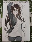  1girl absurdres arm_up breasts brown_eyes brown_hair chinese_commentary commentary_request hair_between_eyes han_yoil highres jacket long_hair looking_at_viewer open_clothes open_jacket pants shirt solo today's_han_yoil_is_a_woman track_jacket track_pants traditional_media white_shirt xioaxi_xinmanyizu 