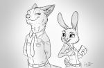 2019 anthro belt bottomwear buckteeth canid canine clothed clothing disney duo female fox fully_clothed grey_background holding_object judy_hopps lagomorph leporid looking_at_another male mammal monochrome necktie nick_wilde open_mouth open_smile pants police_uniform rabbit red_fox shirt simple_background skiepki smile teeth topwear uniform zootopia 