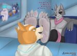 anthro barefoot bodily_fluids degradation dialogue dominant dominant_male duo feet foot_fetish foot_focus foot_lick fox_mccloud krystal_(star_fox) licking male male/male melonvino nintendo smile smirk star_fox sweat tickling tickling_feet tongue wolf_o'donnell