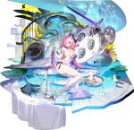  1girl anthem_(daiblos_core) artist_request bird black_ribbon bottle breasts clothes_lift collarbone daiblos_core dress dress_lift flower hair_ribbon highres lily_pad long_hair manta_ray one_eye_closed open_mouth pink_hair purple_flower red_eyes ribbon rubber_duck swim_ring thighhighs white_dress white_thighhighs yacht 